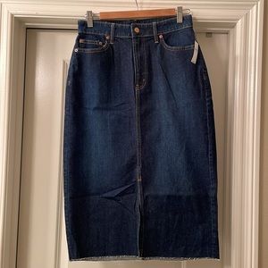 Super cute Gap midi jean skirt with front slit and unfinished hem—never worn!